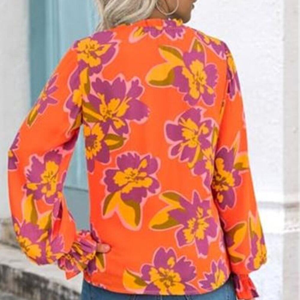 Floral V Neck Blouse Long Sleeve Puff Sleeve Casual Top Women Orange - Picture 4 of 6